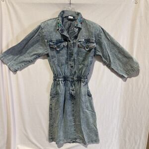 Vintage 80s Acid Wash Denim Dress Rhinestone Western Cowgirl M